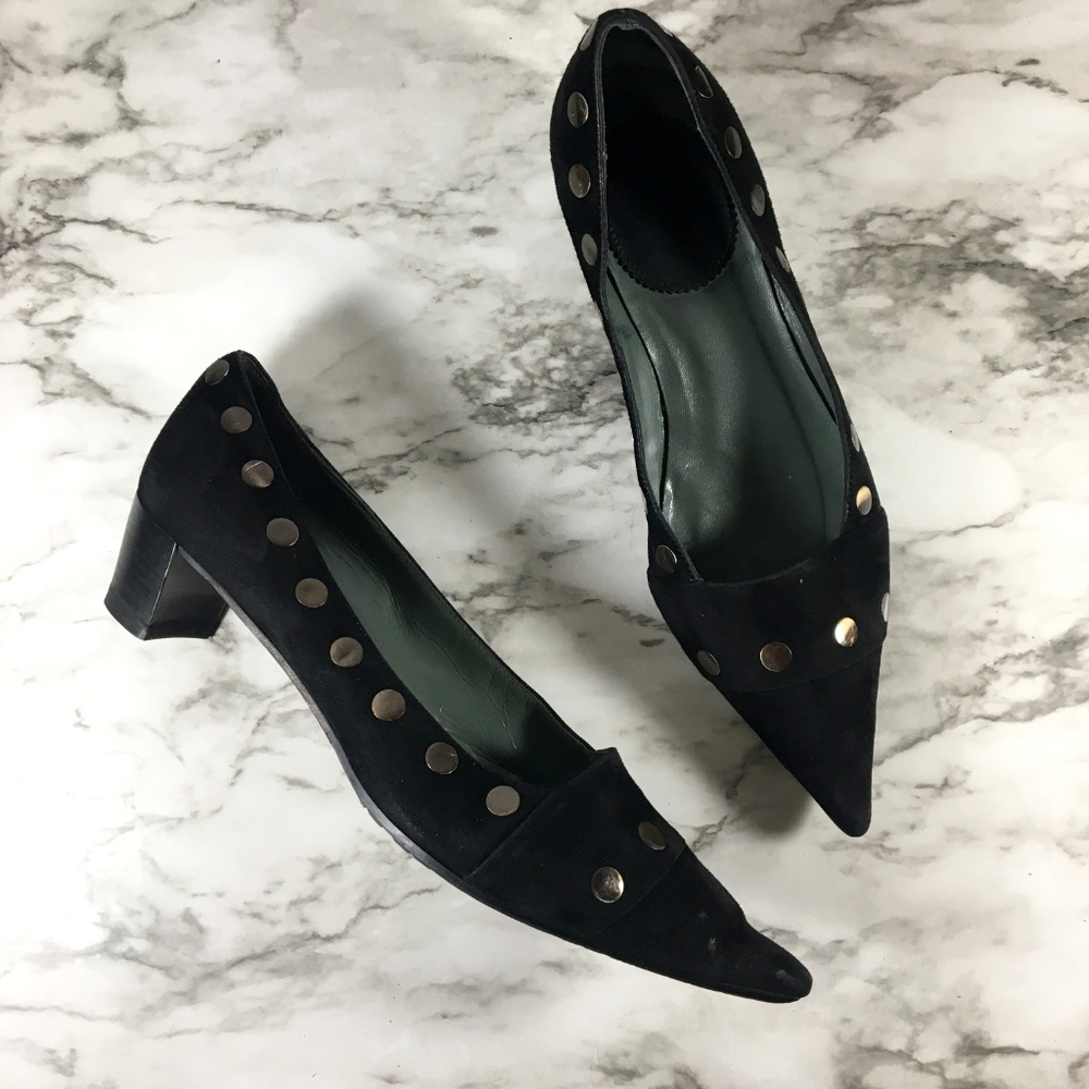 Ego Black Suede Studded Pointed Toe Chunky Heels